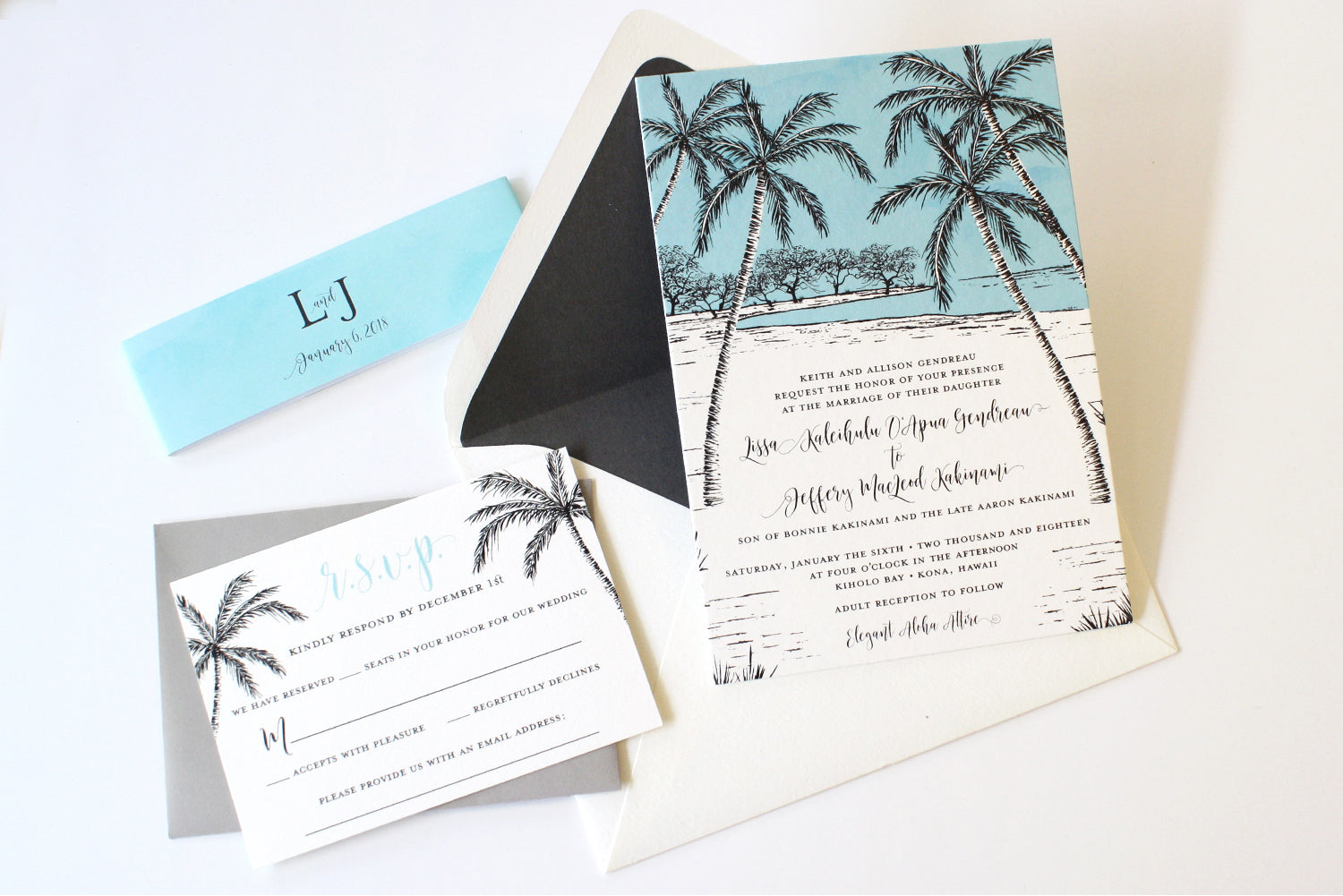Lissa and Jeff wedding invite suite: Old Hawaiiana meets Modern Luxe